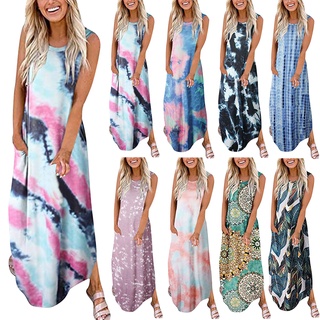 Women Sleeveless Pocket Casual Floral Printing Beach Long Maxi Loose Dress
