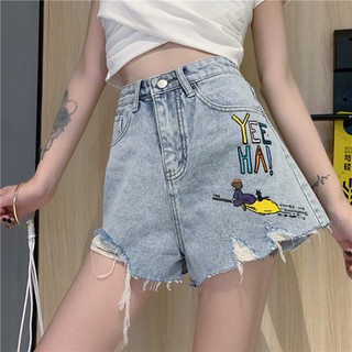 Impresión de moda lavado agujero de cintura alta pantalones cortos de mezclilla mujer