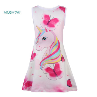 Moshyai verano niños niña sin mangas unicornio mariposa impresión una línea fiesta princesa vestido