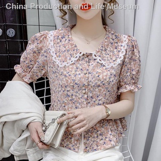 Francés retro floral camisa mujer verano nuevo estilo de encaje muñeca cuello manga corta cintura adelgazar blusa