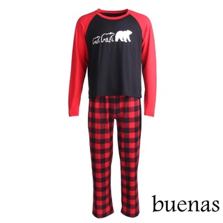 ❀En❉Padre-hijo de navidad pijamas traje, cuello redondo camiseta + cuadros pantalones largos/Patchwork body