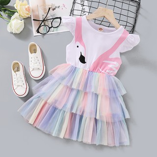 Kids Girls Colorful Tulle Dress Flamingo Print Short Sleeve Tiered Dress Holiday Partywear Costumes