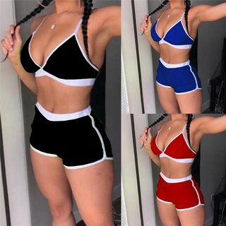 Las mujeres de playa Bikini Split moda traje de baño conjunto de cuello en V Sling Top y elástico deportes pantalones cortos conjunto