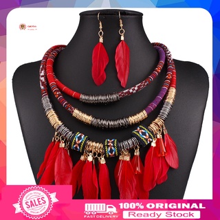 [*_*] 2Pcs Feather Tassel Charm Multilayer Choker Lady Statement Necklace Earrings Set