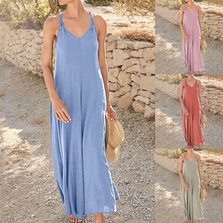 Women Summer Fashion Sleeveless Solid Dress V Neck Beach Long Dress
