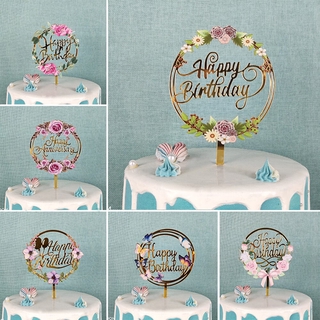 Flowers Happy Birthday Cake Topper Wedding Party Cake Dessert Decorations