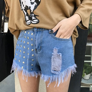 Summer Women Denim Shorts Tassels Ripped Rivet High Waist Girl Casual Short Jeans
