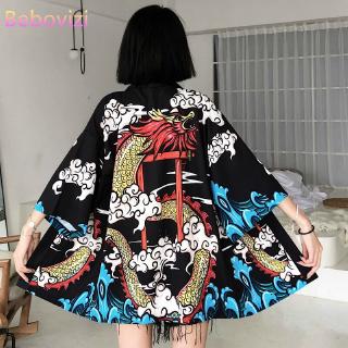 Ins 2020 nuevo azul negro dragón impresión Harajuku moda Kimono mujeres 2020 Cardigan blusa ropa de playa Samurai