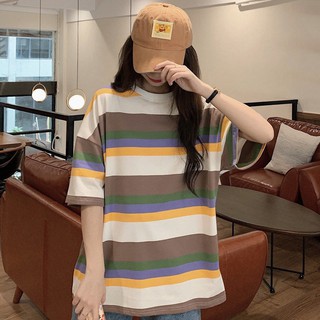 Hyunya bf camiseta de manga corta con rayas de viento para mujer Summer Student versión coreana de suelta ins camiseta de manga media de media manga para novias de moda (5)