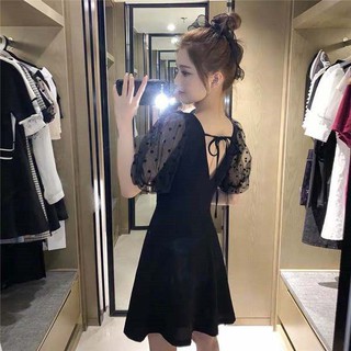 French niche dress female temperament was thin 2021 popular day short-sleeved small net yarn open back skirt (1)