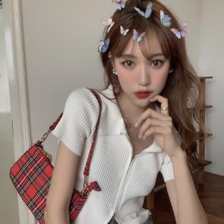 Coreano moda cremallera de punto de las mujeres corta Polo de manga corta camisa