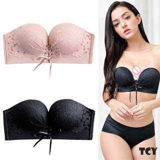 Women Strapless Invisible Bra Lace Push Up Bra Backless Non-Slip With Drawstring Underwear