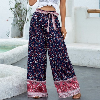 Vintage Pants Women Floral Print Wide Leg Bohemian Pants Ladies Sashes Loose Rayon Boho Long Pants M Size Navy Blue (3)