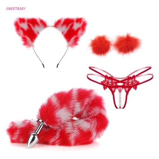 Butt Insert Plug Stopper Tail and Ear G-string Nipple Clips Set Adult Sexual