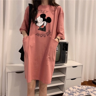 [40-150 Kg/plus tamaño]Disney Mickey mujeres más el tamaño de la Mini camiseta vestido con bolsillo maternidad de gran tamaño cuello redondo media manga corta vestido de camiseta de verano maternidad embarazo Casual camiseta vestido de algodón suave tamañ (1)