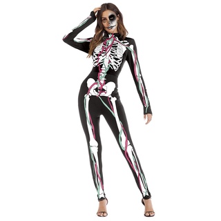 disfraz de halloween para mujer, hueso, esqueleto, mono de manga larga