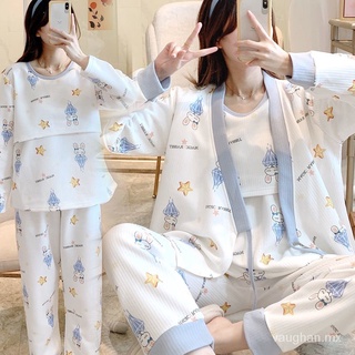 Pregnant Women's Pajamas Autumn Thick Quilted Three-Piece Air Cotton Confinement Clothing Spring and Autumn Postpartum Nursing Clothing Maternal Feeding