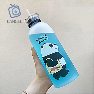 Lansel plástico deportes botella de agua portátil We Bare Bears taza de agua con paja transparente 1000ML vajilla de dibujos animados mate a prueba de fugas Panda