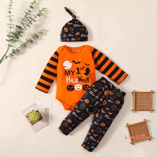 kidsw - ropa de bebé de tres piezas de moda de halloween impresión de manga larga mameluco y