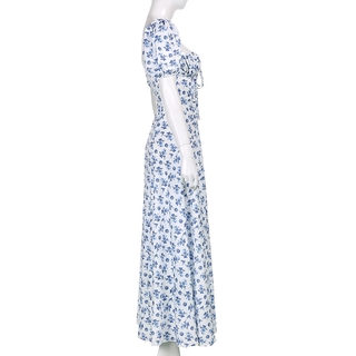 Flower print slit retro long skirt summer elegant dress holiday boho style square neck beach (8)