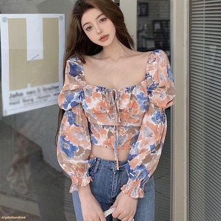 mujer moda cuello cuadrado estampado floral sexy dulce manga larga gasa camisa blusa (7)