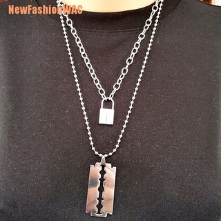 [NewFashionWAC] - collar de cadena de eslabones de doble capa con pendiente de hoja de candado para mujer (2)