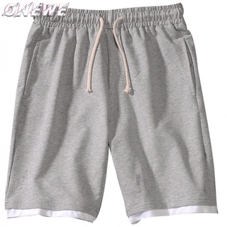[one-we] pantalones cortos deportivos casuales para hombre de color sólido elástico falso de dos piezas pantalones cortos de gran tamaño