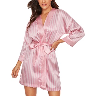 SHEIN^_^ Plus Size Sexy Lingerie Women Silk Stripe Robe Satin Bathrobe Sleepwear Pajamas