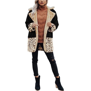PACEM-mujer Color Block abrigo, manga larga solapa leopardo chamarra otoño invierno