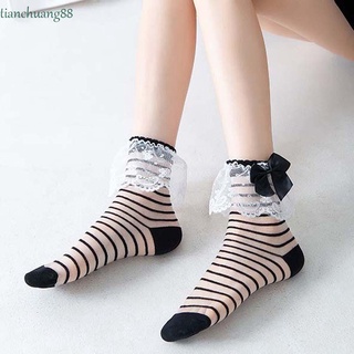 Tianchuang dulce cristal calcetines de seda de encaje delgado Hosiery tubo medio calcetines de las mujeres estilo Vertical grano Bowknot verano personalidad puntos/Multicolor