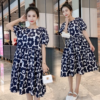 94E4 vestido de maternidad de verano manga corta estilo coreano O cuello Floral vestido suelto una línea de vestido de las mujeres embarazadas más el tamaño de vestido