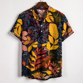 Mens Étnico Manga Corta Casual Algodón Lino Impresión Hawaiana Camisa Blusa