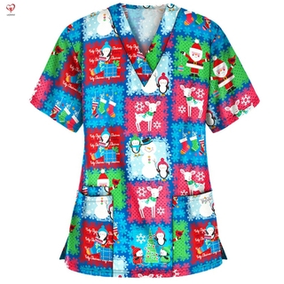 mujer enfermería exfoliante tops impreso uniforme feliz navidad flores camisa de manga corta t-shirt (8)