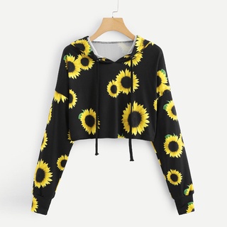 Womens Long Sleeve Sunflower Printing Hooded Sweatshirt Blouse Tops