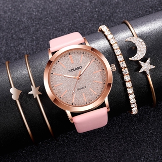 Set de relojes de pulsera de cuarzo con correa de cuero para mujer pulsera de oro Rosé con estrella/luna
