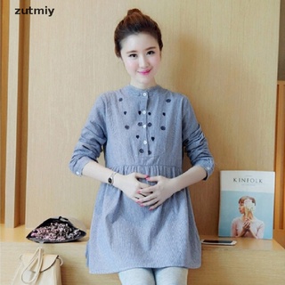 [Zutmiy3] Pregnant Women Top Long Sleeve Casual Striped Embroidered Maternity Top Blouse MX4883