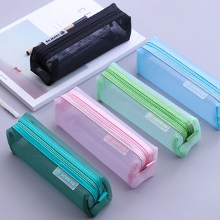 sut kawaii lindo color sólido transparente malla estuche de lápices de la escuela estudiante suministros de la pluma de la caja de la bolsa de papelería (7)