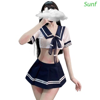 Sunf lencería Sexy para Cosplay de niña de la escuela lencería con lazo Top corto Mini falda Skater marinero Uniforme de noche para estudiantes
