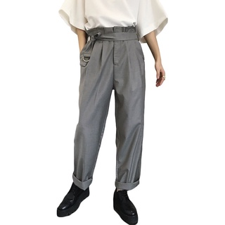 MR Mens Fashion Korean Style Casual Solid Color High Waist With Belt Straight Pants