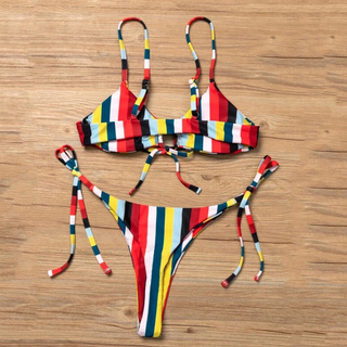Women Sexy Colorful Striped Tie Side Bandeau Tie Side Swimsuit BIkini Beachwear ♕fiona01♕ (2)