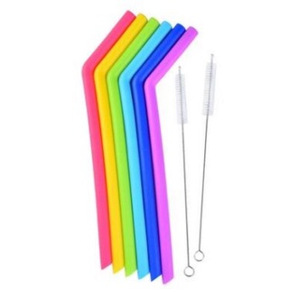 Reusable Drinking Straws Food Grade Silicone Juice Straw Angled Straw with Cleaning Brush (6 Straws + 2 Cleaning Brush)