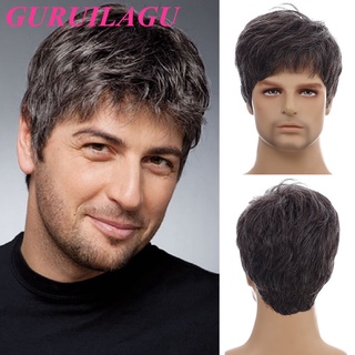 guruilagu peluca corta de los hombres suave natural pelucas para hombres pelo recto peluca sintética para hombre negro ombre gris pelucas hombres