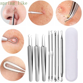 SPRING_LIKE Professional Face Care Tool With Bag Blackhead Removing Skin Care Tool Kit Portable Facial Pore Cleaner Stainless Steel Acne Pimple Extractor Curved Makeup Tool Pimple Removing/Multicolor