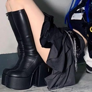 Las Mujeres Punk Estilo Botas Elásticas De Microfibra Rodilla De Tacón Alto Zapatos De Cuero Negro Impermeable Plataforma Otoño Invierno