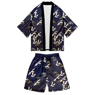 Dos piezas traje S-4XL suelto Cardigan grúa mujeres hombres Cosplay Yukata ropa Harajuku Samurai Kimono + pantalones cortos conjuntos (5)