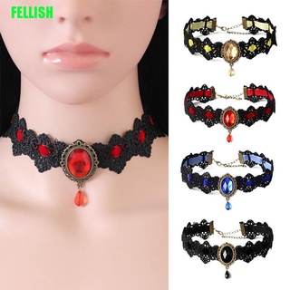 [Fellish] Collar de encaje negro Collar gargantilla de terciopelo cristal Vintage gótico cadena colgante 436M
