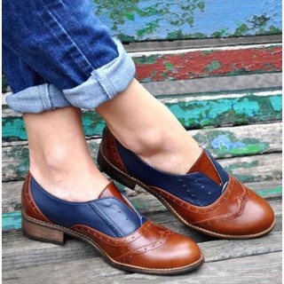 💗Promoción💗Mujer Vintage cubano tacón bajo dedo del pie redondo Brogue PU británico Oxford Casual zapatos (1)