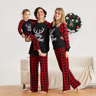 Navidad coincidencia de la familia ropa madre hija papá hijo bebé niños alce impresión a cuadros traje para la familia casa pijamas conjunto (1)