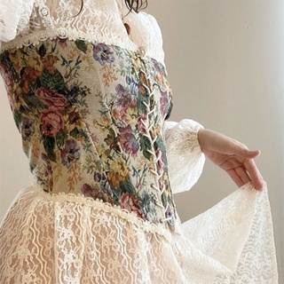 10MK Mujeres Vintage Floral Camisola Crop Top Entrecruzado Con Cordones Corsé De Hueso Bustier (7)