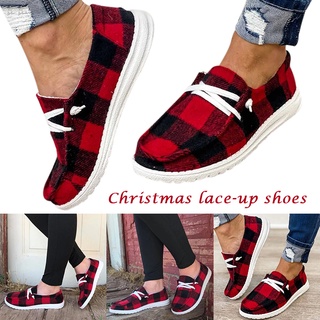 Buffalo Plaid Slip On Shoes Flat Sole Lace up Casual Canvas Shoes for Women Christmas
